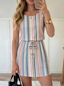 SHEIN LUNE Women's Casual Printed Short Dress Suitable For Spring And Summer Vacation Pink And White Striped - Multicolor - View 4