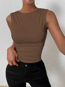 Allurite Einfarbiges, gerüschtes Tanktop für den Sommer - Kaffeebraun - Übersicht 3