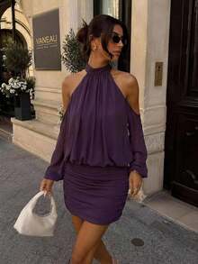Aloruh Vestido mini para mujer con hombros descubiertos, mangas de farol, parte superior holgada y Bottom ajustada - Morado - Ver 10