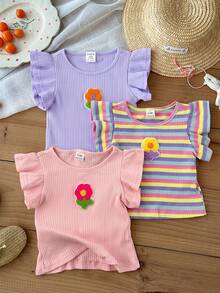 LMoss Kids Baby Girl 3pcs Knitted Solid Color Striped 3D Floral Round Neck Tank Tops - Mauve Purple - View 7
