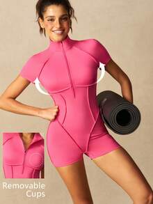 VARSIVA Women's Fashion Zipper Half-Placket Short Sleeve Casual Sports Romper - Pink - View 1