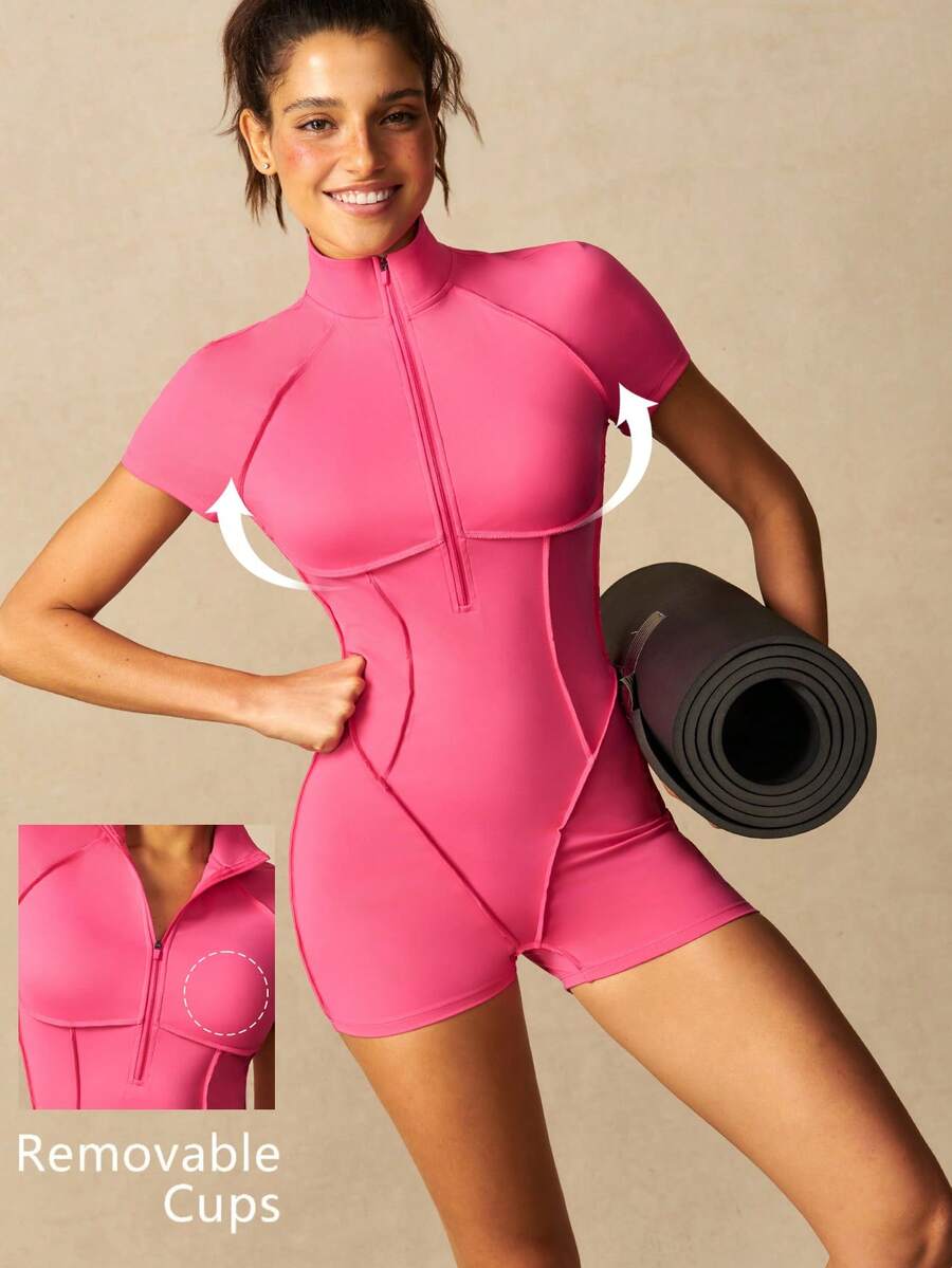 VARSIVA Women's Fashion Zipper Half-Placket Short Sleeve Casual Sports Romper - Pink - View 1