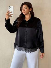Auralis Plus Size Women's Solid Color Single-Breasted Casual Versatile Daily Wear Shirt Fall - Black - View 6