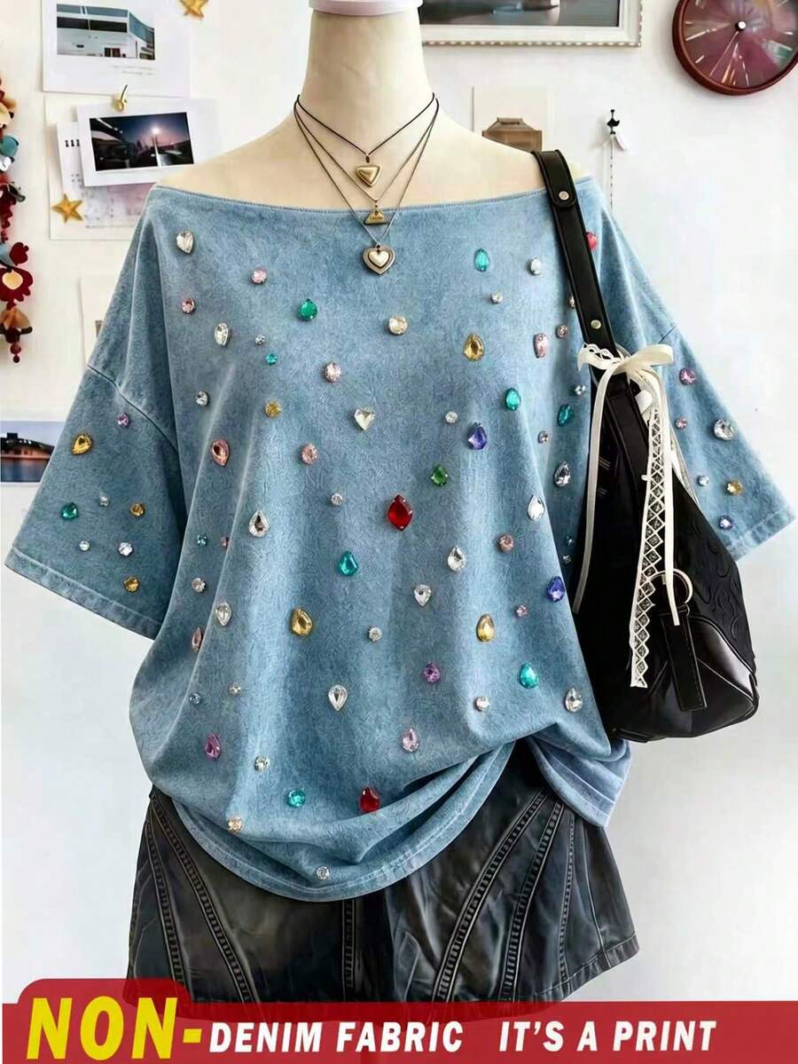 Lalippa 大尺碼女款彩色水鑽裝飾露肩袖 T-shirt - 彩色 - 查看 1