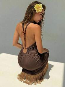 Aloruh 女款春夏純色棕色度假露背串珠鏈條流蘇修身洋裝 - 咖啡棕 - 查看 7