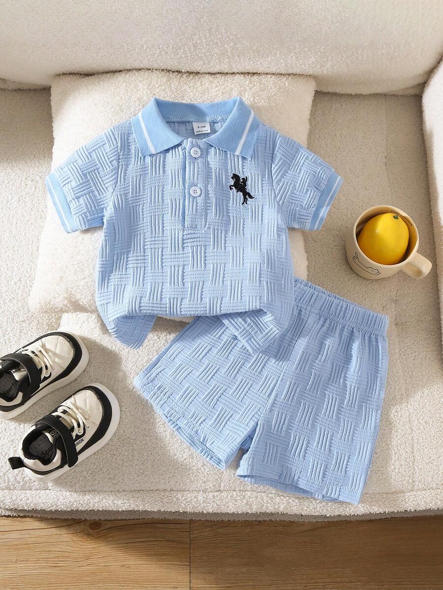 SHEIN Playful Pals 男嬰白色夏季休閒提花 Polo 領短袖上衣與短褲套裝，可愛學院風