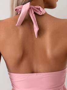 Swim Basics Women's Ruffle Halter Tie Tank Top And Shorts Swimsuit Set - Pink - View 4