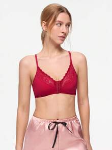 Bonmuse 1pc Women's Casual Wireless Lace Bra With Adjustable Straps, Sexy & Breathable - Red - View 5