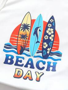 SHEIN 3件組小男孩夏季兒童海灘夏威夷風白色衝浪棕櫚樹海豚印花無袖背心漸層熱帶短褲套裝附遮陽帽 - 紅色 - 查看 5