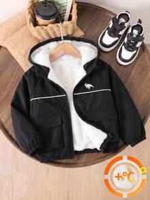SHEIN 1件男童休閒極簡街頭連帽保暖內裡長袖外套，創新恐龍印花小Logo，時尚休閒設計，適合4-7歲男孩日常穿著，適用於運動、外出、校園及返校季，適合秋冬穿著 - 黑色 - 查看 3