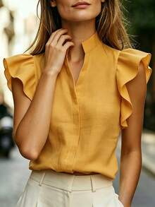 SHEIN 女款小立領荷葉袖上衣，舒適面料V領上衣，適合度假、日常穿著、休閒、海灘、約會、派對、都市夏季假期，百搭造型 - 黃色 - 查看 5