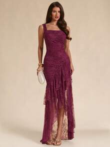 SHEIN BAE Vestido largo de mujer de primavera/verano color albaricoque liso con tirantes finos, cuello cuadrado, de gasa con volantes y abertura alta - Albaricoque - Ver 7