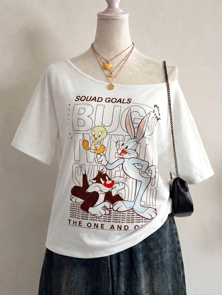 DrmWander LOONEY TUNES X SHEIN 大尺碼女款字母卡通印花休閒百搭日常出遊短袖T恤 - 白色 - 查看 1
