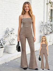 Teen Girls Slim Fit Strapless Bandeau Brown & White Horizontal Striped Knit Textured Jumpsuit, Elastic Skin-Friendly Comfortable Versatile Chic Style For Daily Wear, Outing, Outing, Vacation And Photos - Brown - View 1