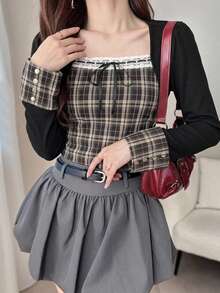 FRIFUL 女款掛脖格紋布料拼接泡泡短袖收腰鈕扣裝飾甜辣風夏季T恤 - 黑色 - 查看 1