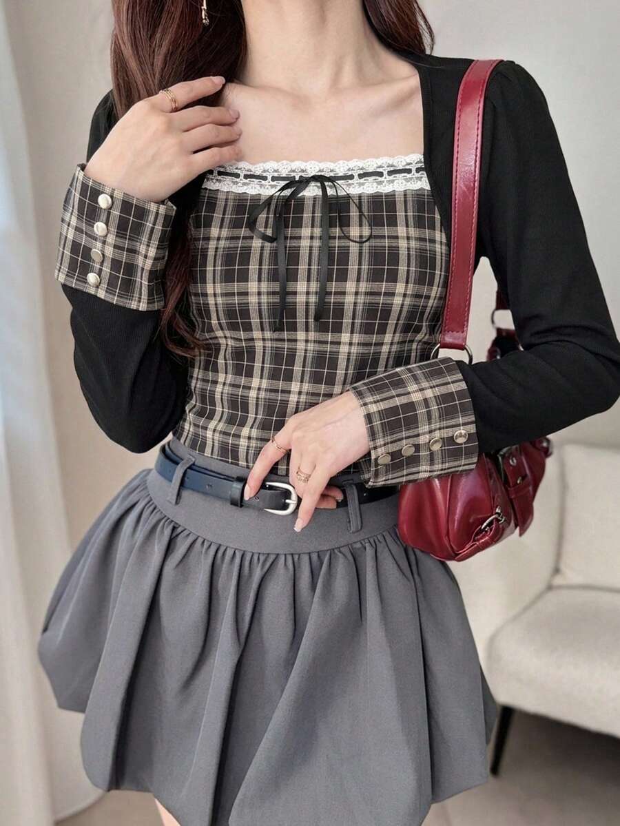 FRIFUL 女款掛脖格紋布料拼接泡泡短袖收腰鈕扣裝飾甜辣風夏季T恤 - 黑色 - 查看 1