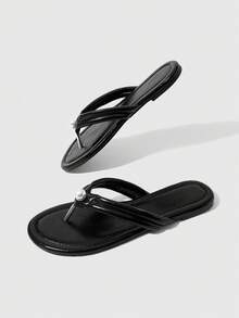 HighSole 女款珍珠圓頭平底優雅夏季黑色鞋面夾腳拖鞋 - 黑色 - 查看 5