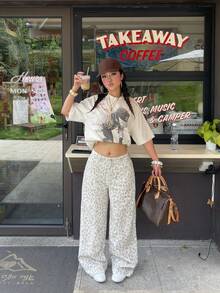 Coolane 女款春夏街頭風 Y2K 休閒外出印花豹紋復古水洗棉寬鬆寬腿牛仔長褲 - 卡其色 - 查看 7