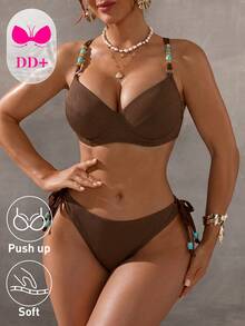 Swim DD+ 女款串珠裝飾背心上衣與三角比基尼泳褲泳衣套裝 - 棕色 - 查看 1