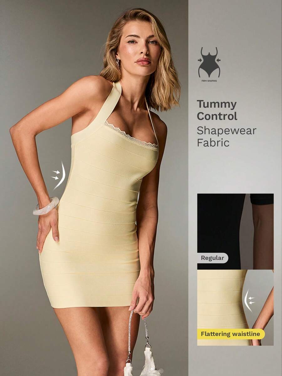 Nuvra Women's Sexy Minimalist Solid Color Lace Trim Backless Halter Tie Strap Summer Dress - Cream - View 1