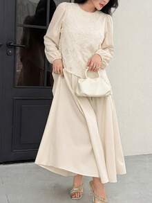 Feyla Plus Size Women's Jacquard Round Neck Pleated Casual Party Dress - Apricot - View 5