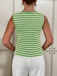 Vionelle Plus Size Women's Striped Colorblock Metal Decor Casual Versatile Everyday Top - Green - View 2