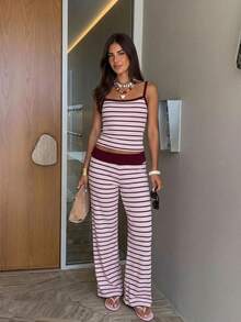 Siren Gaze Summer Women's Light Pink Checkered Two Pieces Set, Square Neck Camisole High Waist Wide Leg Pants, Y2K Casual Coastal Hot Girl Style Beach Travel - Pink - View 11