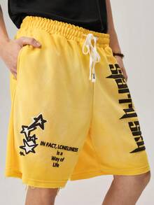 Manfinity Streetrush Men's Yellow,Summer,Streetwear,City Break Knit Shorts,Graphic Letter&Star Pattern,Elastic Waist Drawstring Pocket,2000s Emo Style - Yellow - View 7