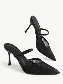 CUCCOO CHICEST Women's Spring And Summer Black Lace Mesh Pointed High Heels Women's Back Strap Stiletto Shoes - Black - View 3