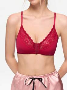 Bonmuse 1pc Women's Casual Wireless Lace Bra With Adjustable Straps, Sexy & Breathable - Red - View 8