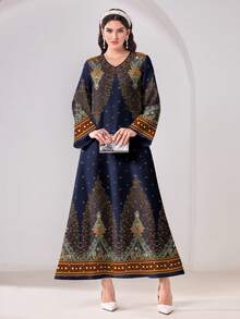 Al Najma Casual Minimalist Conservative Arabic Cashew Print Long Sleeve Dress - Multicolor - View 1