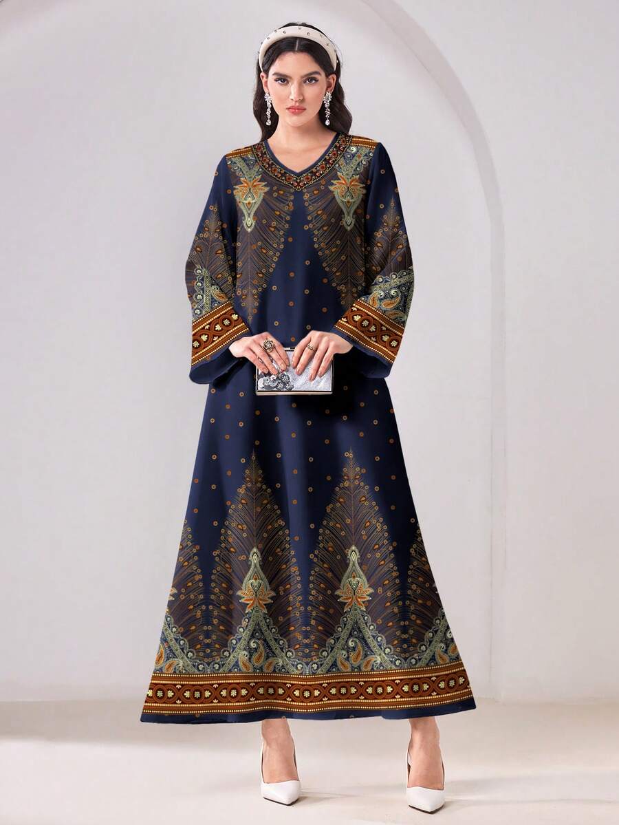 Al Najma Casual Minimalist Conservative Arabic Cashew Print Long Sleeve Dress - Multicolor - View 1