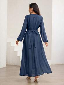 Veilorie 3/4 Sleeve High Neck Ruched Waist Elegant Versatile Dress - Navy Blue - View 2