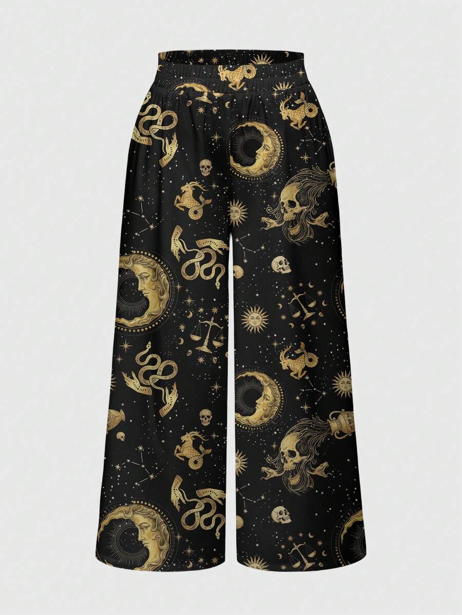 ROMWE Goth Sun Moon Stars Dark Skull Constellation Moon Plus Size Pants - Black - View 1