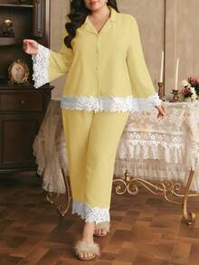 Côtesoire Elegant Plus Size Women's Contrast Lace Single-Breasted Blouse And Pants Puff Ruffle Pajama Set - Yellow - View 3