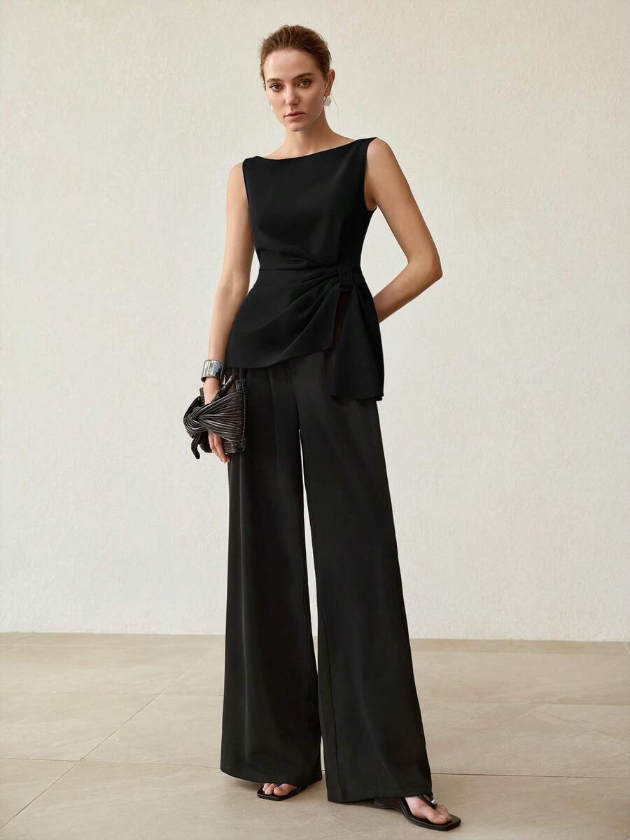 MOTF PREMIUM Blusa elegante sin mangas con dobladillo asimétrico - Negro - Ver 1