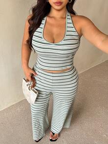 Auralis Plus Size Allover White Backless Halter Top And Long Pants 2 Pieces Set Vacation Summer Sexy Beach Vacation - Multicolor - View 6