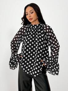 SHEIN PETITE Women's Black And White Polka Dot Blouse With Wide Ruffled Sleeves Lace Details - Elegant Retro Long Sleeve Top For Autumn Business Casual Wear Office - Black and White - View 3