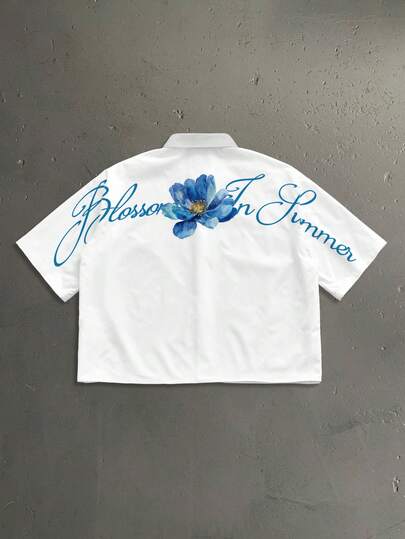StoneGrade Light Blue Watercolor Floral Curved English Typography Fashion Print Men's Standard Size Cropped Drop Shoulder Loose Fit Short Sleeve Shirt