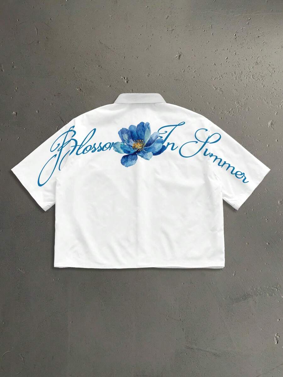 StoneGrade 淺藍色水彩花卉曲線英文字體時尚印花男士標準尺寸短版落肩寬鬆短袖襯衫 - 白色 - 查看 1