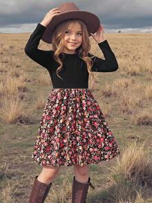 Emery Rose Kids Emery Rose Kids 年轻女孩针织纯色圆领拼布花卉一体式休闲秋冬连衣裙 - 紅色 - 查看 2