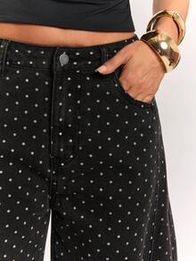 SHEIN BAE Women'S Polka Dot Pattern Pocket Tapered Casual 80s Retro Streetwear Denim Jeans Fall Clothes Teacher Pants Daytime Holiday Going Out Everyday Date - Black - View 8