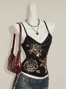 SHEIN ICON Y2K夏季女士外出复古波西米亚风度假闪亮亮片刺绣吊带背心 - 黑色和金色 - 查看 6