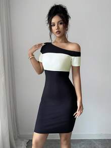 SHEIN Elenzya Women's Asymmetric Shoulder Colorblock Casual Sexy Daily Wear Dress Date Night Night Out Black And White Summer - Multicolor - View 3