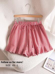 Story & Sage Women's Casual Cute Loose Plaid Ruffle Hem Shorts, Suitable For Spring/Summer Vacation Going Out Party Red And White Plaid - Red and White - View 1
