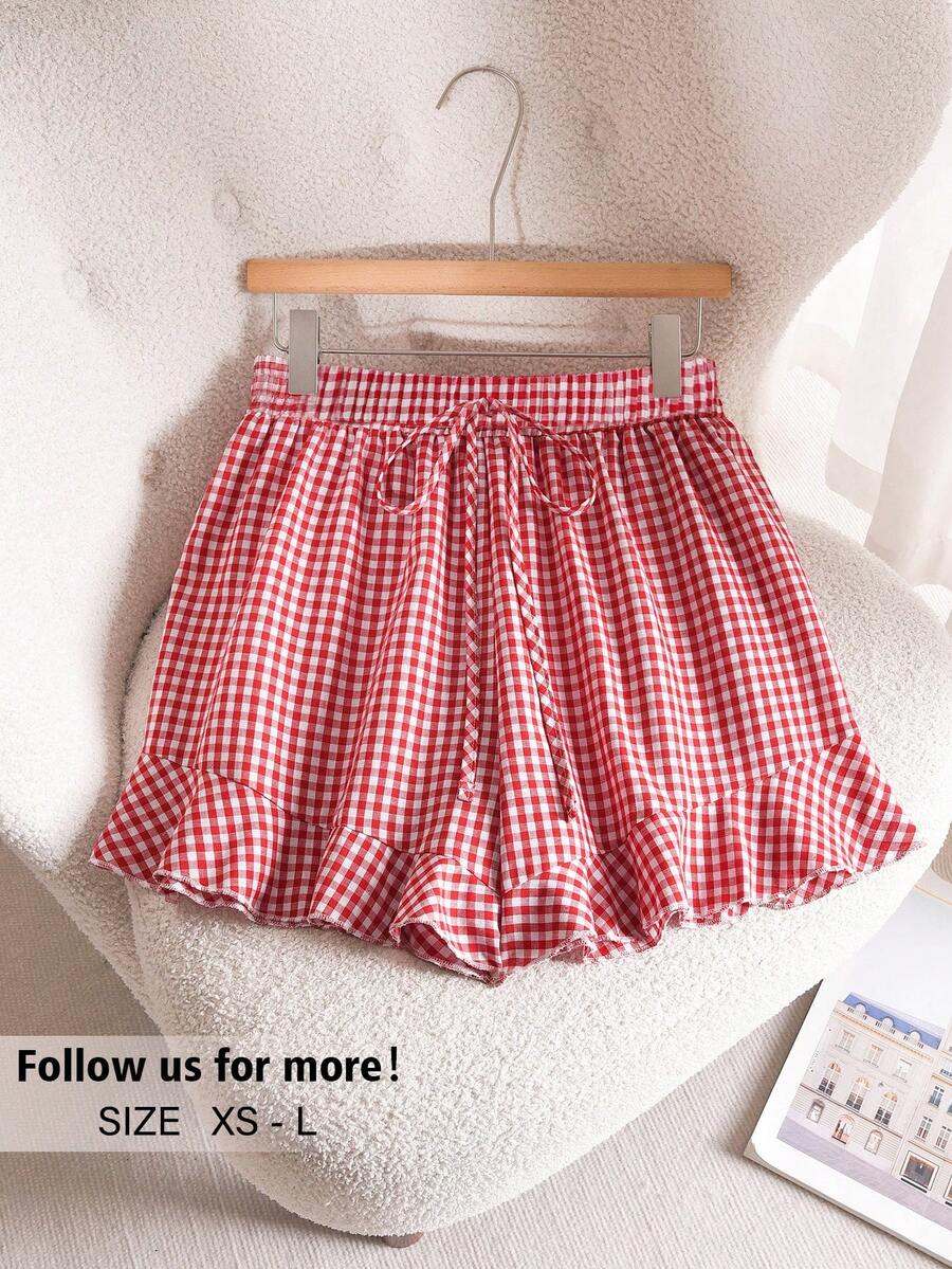 Story & Sage Women's Casual Cute Loose Plaid Ruffle Hem Shorts, Suitable For Spring/Summer Vacation Going Out Party Red And White Plaid - Red and White - View 1