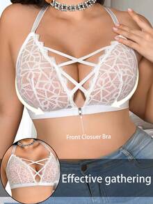 SHEIN Front Closure Lace Plus Size Wireless Bra, 1pc - White - View 3