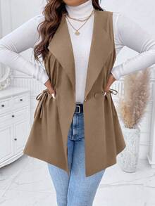 Elenzga Plus Size Spring/Autumn Casual Solid Color Sleeveless Jacket - Coffee Brown - View 7