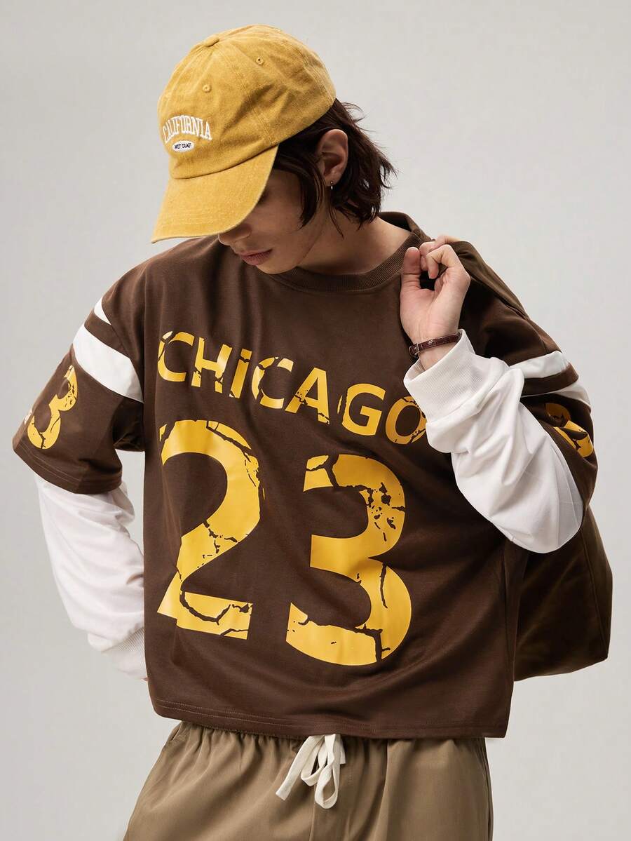 Vaulklash Men's Brown Striped Crew Neck Long Sleeve Loose Fit Sweatshirt, Hip Hop, Ribbed, Spring/Fall/Summer, Pullover, Lightweight, Breathable, Cool, Casual Gift For Father/ Husband - Brown - View 1