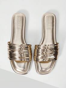 MOTF WOMEN'S MINIMALIST STYLE METAL THIN STRAP OPEN-TOED SANDALS, SQUARE TOE MULTI-STRAP PARTY FLAT SLIPPERS AND VACATION BEACH SHOES - Gold - View 1
